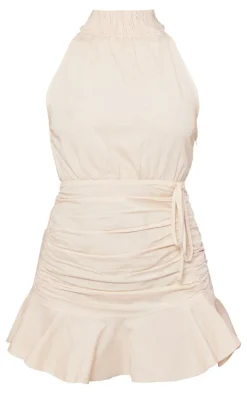 Stone Linen Look Shirred High Neck Frill Hem Bodycon Dress