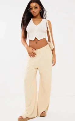 Stone Linen Look Slouchy Fit Wide Leg Pants