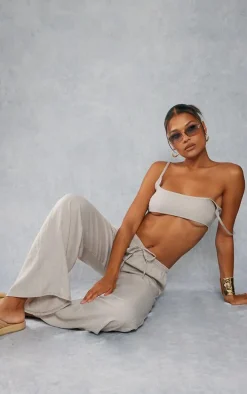 Stone Linen Look Strappy Bralet