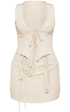 Stone Linen Look Tie Bodycon Dress