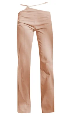 Stone Linen Look Tie Waist Detail Straight Leg Pants