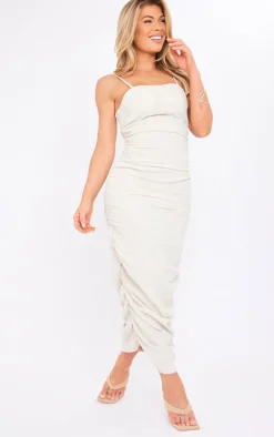 Stone Linen Look Underwired Ruched Strappy Midaxi Dress