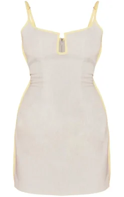 Stone Linen Look V Bar Contrast Seam Strappy Bodycon Dress