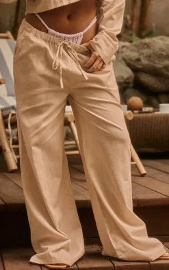 Stone Linen Look Wide Leg Beach Pants