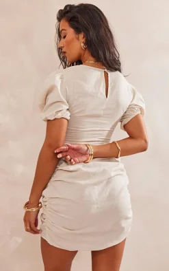 Stone Linen Scoop Neck Ruched Skirt Bodycon Dress