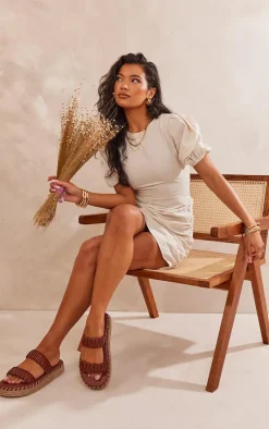 Stone Linen Scoop Neck Ruched Skirt Bodycon Dress