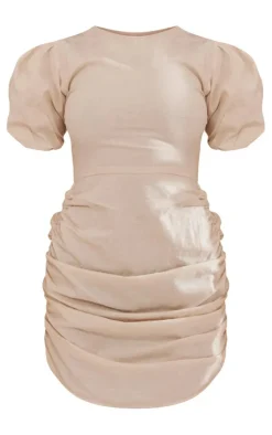 Stone Linen Scoop Neck Ruched Skirt Bodycon Dress