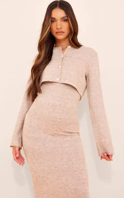 Stone Marl Knit Cropped Button Up Cardigan