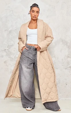 Stone Maxi Belted Quilted Coat