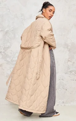 Stone Maxi Belted Quilted Coat