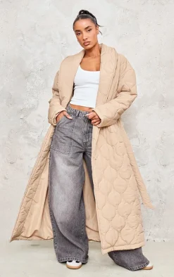 Stone Maxi Belted Quilted Coat