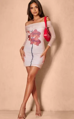 Stone Mesh Floral Printed Bardot Long Sleeve Mini Dress