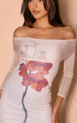 Stone Mesh Floral Printed Bardot Long Sleeve Mini Dress