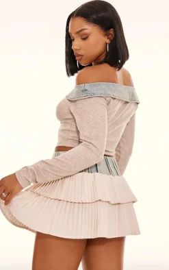 Stone Off The Shoulder Scoop Neck Denim Collar Top