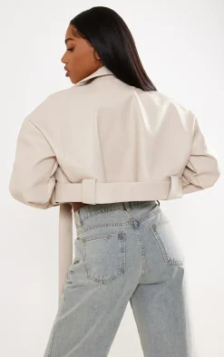 Stone Oversized Belted Hem Cropped Biker Jacket