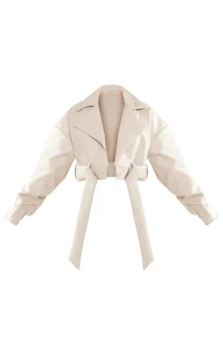 Stone Oversized Belted Hem Cropped Biker Jacket