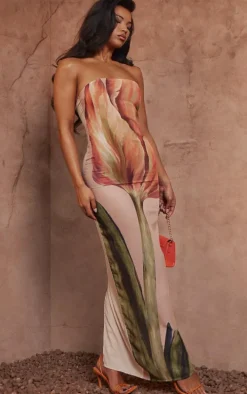 Stone Oversized Chiffon Floral Print Bandeau Maxi Dress