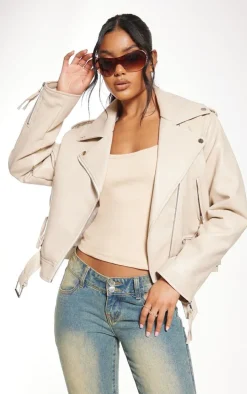 Stone Oversized Faux Leather Quilted Biker Jacket