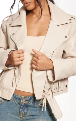Stone Oversized Faux Leather Quilted Biker Jacket
