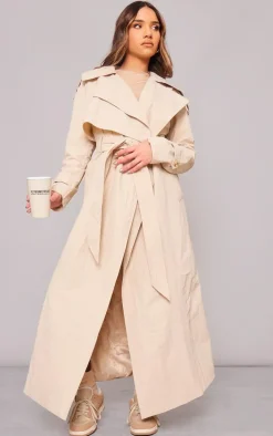 Stone Oversized Lightweight Crinkle Mac Trench Coat