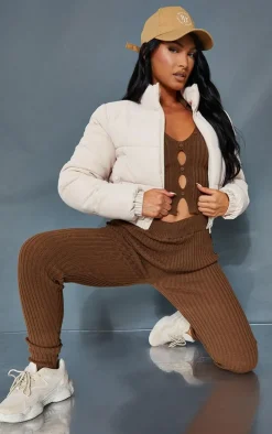 Stone Peach Skin Cropped Bubble Puffer Jacket