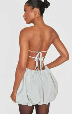 Stone Pinstripe Bandeau Tie Back Puffball Mini Dress