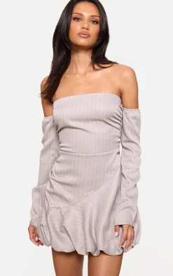 Stone Pinstripe Long Sleeve Ruched Puffball Dress