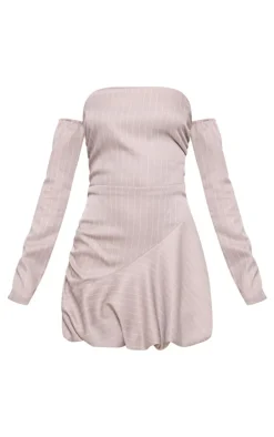 Stone Pinstripe Long Sleeve Ruched Puffball Dress