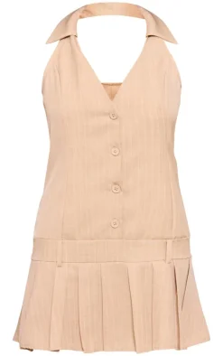 Stone Pinstripe Tailored Woven Pleated Shift Dress