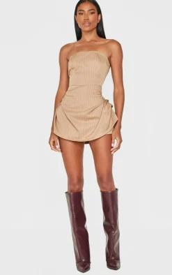 Stone Pinstripe Woven Bandeau Ruched Side Skort Romper