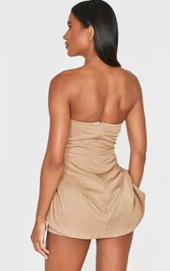 Stone Pinstripe Woven Bandeau Ruched Side Skort Romper