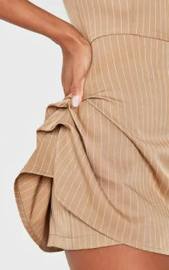 Stone Pinstripe Woven Bandeau Ruched Side Skort Romper