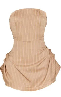 Stone Pinstripe Woven Bandeau Ruched Side Skort Romper