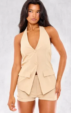 Stone Pinstripe Woven Vest Detail Romper