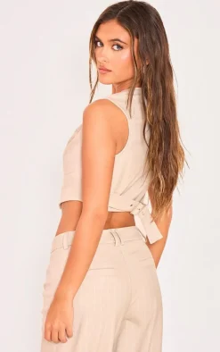 Stone Pinstriped Woven Belted Back Detail Suit Vest Top