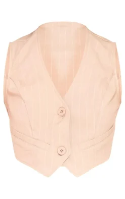 Stone Pinstriped Woven Belted Back Detail Suit Vest Top