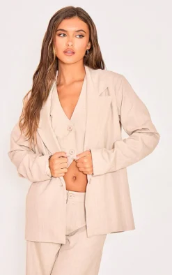 Stone Pinstriped Woven Oversized Suit Jacket