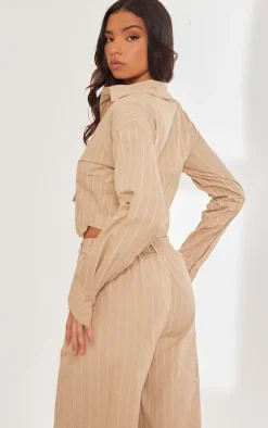 Stone Poplin Pinstripe Pocket Detail Cropped Shirt