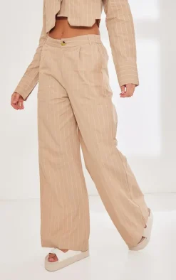 Stone Poplin Pinstripe Tailored Wide Leg Pants