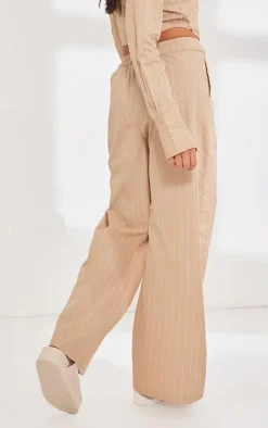 Stone Poplin Pinstripe Tailored Wide Leg Pants