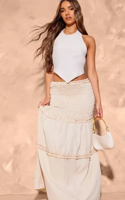 Stone Poplin Shirred Dropped Waist Maxi Skirt