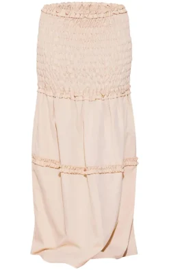 Stone Poplin Shirred Dropped Waist Maxi Skirt