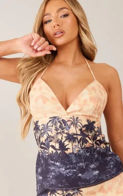 Stone Print Woven Longline Halterneck Top