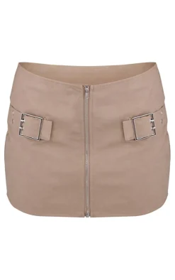 Stone PU Buckle Strap Detail Low Rise Micro Mini Skirt