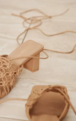 Stone PU Wide Fit Square Toe Woven Lace Block Heeled Sandals