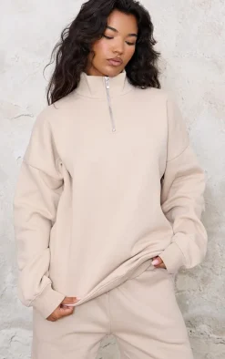 Stone Quarter Zip Back Print Oversized Sweatshirt