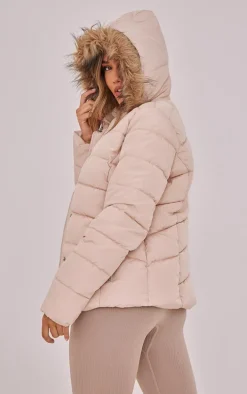 Stone Quilted Mara Faux Fur Hooded Puffer Jacket