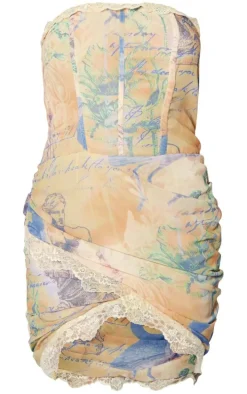 Stone Renaissance Print Lace Trim Corset Bodycon Dress