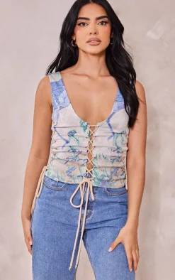 Stone Renaissance Print Woven Lace Up Detail Plunge Sleeveless Top