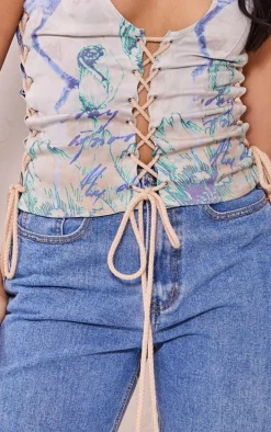 Stone Renaissance Print Woven Lace Up Detail Plunge Sleeveless Top